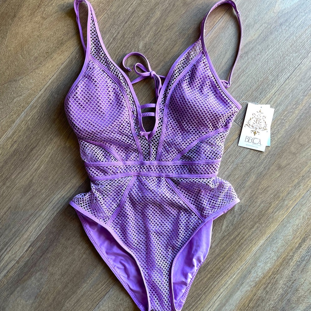 Becca lilac purple mesh one piece swimsuit with adjustable straps